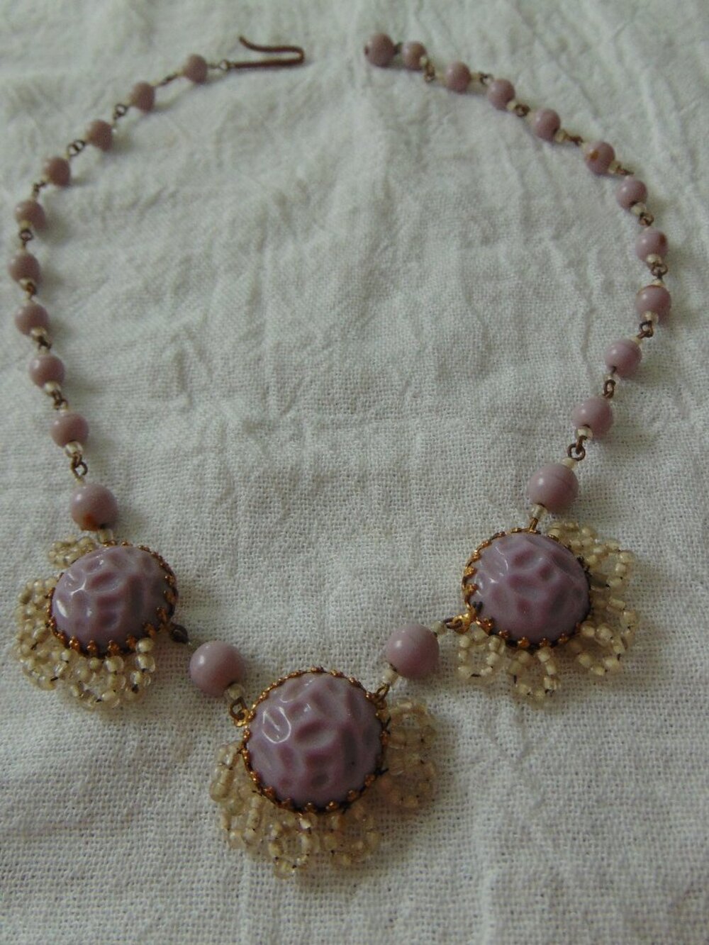 vintage antique West Germany signed Lavender glass seed beads necklace
